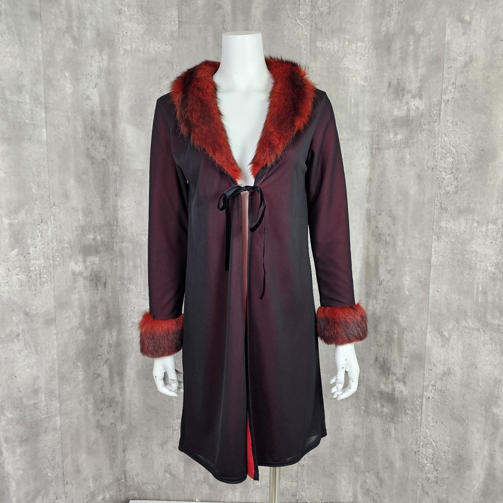 Vintage Y2K Black Mesh Duster Cape Jacket Red Faux Fur Collar Gothic Witch Trad